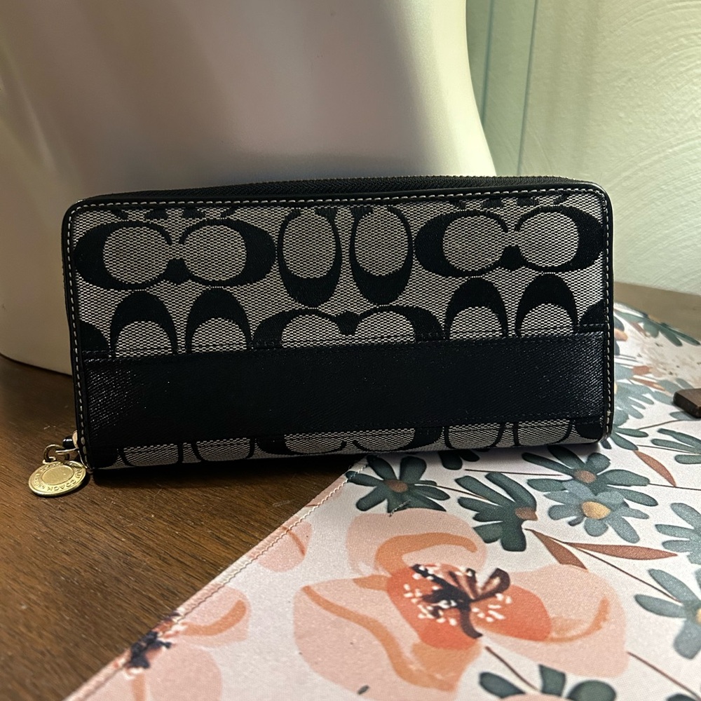 Coach Signature Print Black and Gray Accordion Style  Women's Wallet